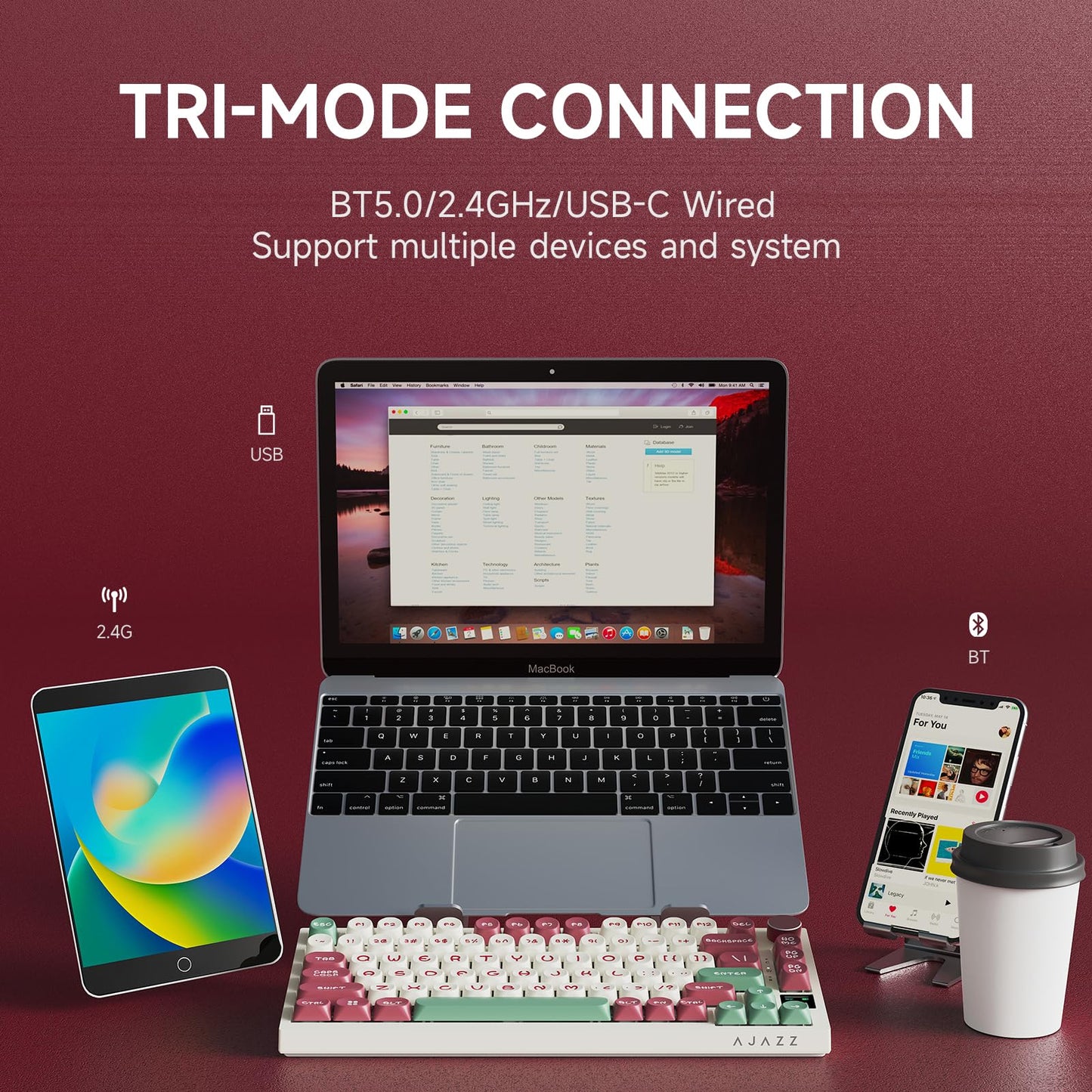 AJAZZ AK820PRO 75% Hot Swap Gasket Mount Mechanical Keyboard with TFT Display Screen, 4000mAh BT/2.4G/Wired RGB South Facing LED, MOA Profile Keycaps & Knob Control Flying Fish Switch