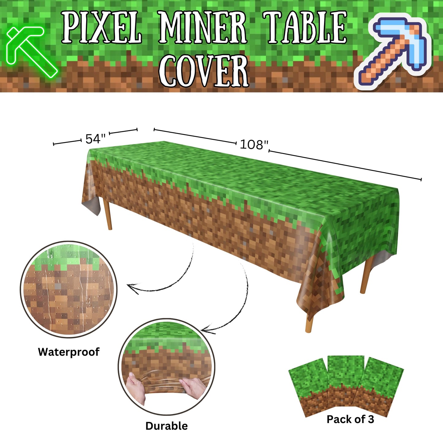 Blue Orchards Pixel Miner Table Cover (Pack of 3) - 54"x108" XL - Gamer Party Supplies, Mining Craft Party Decorations