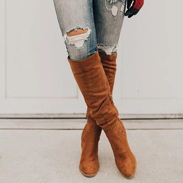 Erocalli Brown Knee-High Boots Suede Boots Fall Boot For Women Chunky Block High Heel Slouchy Boot Round Toe Side Zipper