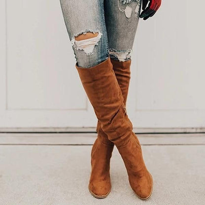 Erocalli Brown Knee-High Boots Suede Boots Fall Boot For Women Chunky Block High Heel Slouchy Boot Round Toe Side Zipper