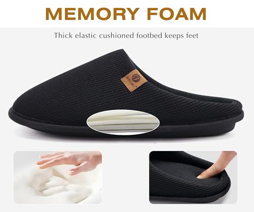 ONCAI Mens Slippers with Cushion Memory Foam Cotton-Blend High-Density Warm House Slippers for man 2025 Slip-on Indoor Outdoor Comfortable Best House Shoes Rubber Sole Black Size 10 US