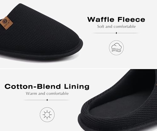 ONCAI Mens Slippers with Cushion Memory Foam Cotton-Blend High-Density Warm House Slippers for man 2025 Slip-on Indoor Outdoor Comfortable Best House Shoes Rubber Sole Black Size 10 US