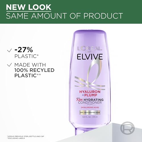 L'Oreal Paris Elvive Hyaluron Plump Hydrating Conditioner for Dehydrated, Dry Hair Infused with Hyaluronic Acid Care Complex, Paraben-Free, 12.6 Fl Oz