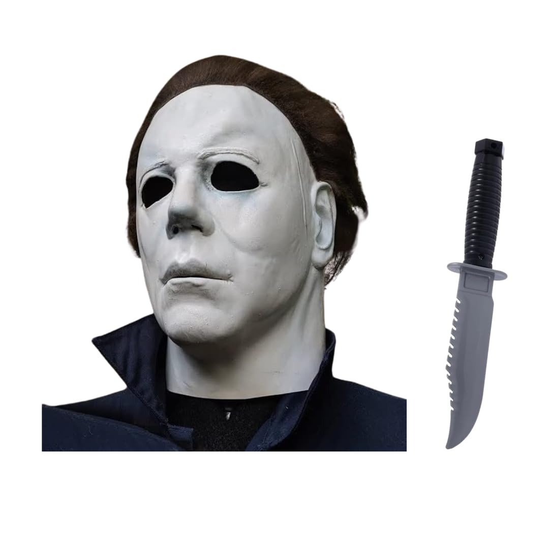 Festive Find Michael Mask Horror Halloween Mask for Adults, Scary White Full Head Face Mask (MaskwithKnife)