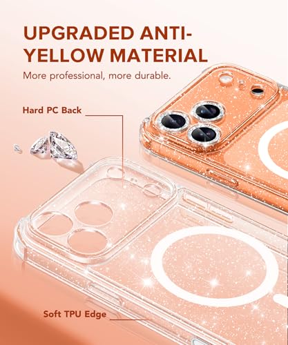BERFY for iPhone 17 Pro Max Case for Women, Compatible with MagSafe, Clear Glitter Shockproof Protective Case, Anti-Yellowing, with Screen Protector & 3 Diamond Camera Lens Covers 6.9", Sparkle Clear