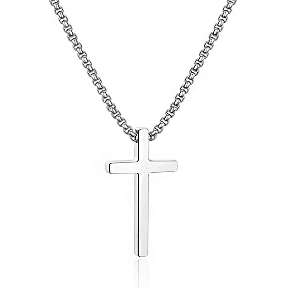 M MOOHAM Cross Necklace for Men - Silver Stainless Steel Mens Cross Chain Cross Pendant Cross Necklace 20 Inch, Christian Gifts for Men Catholic