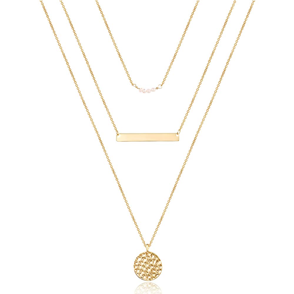 Dainty Layering Simulated Pearls Bar Necklace Hammered Disc Pendant Necklaces Simple Layering Necklace Choker for Women