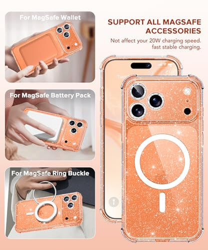 BERFY for iPhone 17 Pro Max Case for Women, Compatible with MagSafe, Clear Glitter Shockproof Protective Case, Anti-Yellowing, with Screen Protector & 3 Diamond Camera Lens Covers 6.9", Sparkle Clear