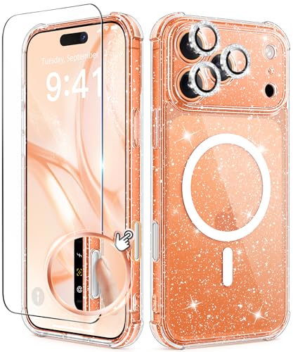 BERFY for iPhone 17 Pro Max Case for Women, Compatible with MagSafe, Clear Glitter Shockproof Protective Case, Anti-Yellowing, with Screen Protector & 3 Diamond Camera Lens Covers 6.9", Sparkle Clear