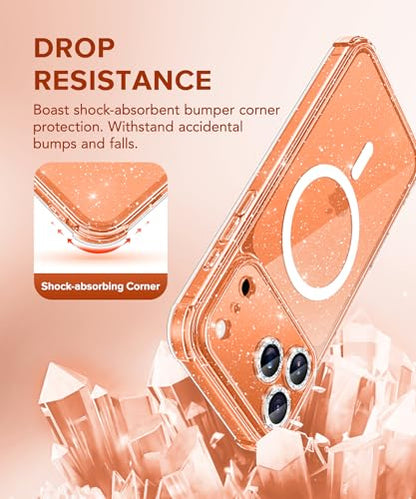 BERFY for iPhone 17 Pro Max Case for Women, Compatible with MagSafe, Clear Glitter Shockproof Protective Case, Anti-Yellowing, with Screen Protector & 3 Diamond Camera Lens Covers 6.9", Sparkle Clear