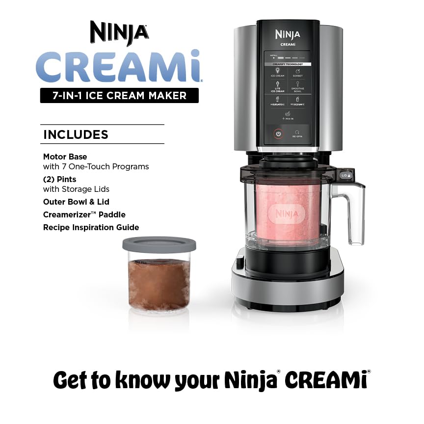Ninja NC301 CREAMi Ice Cream Maker, for Gelato, Mix-ins, Milkshakes, Sorbet, Smoothie Bowls & More, 7 One-Touch Programs, with (2) Pint Containers & Lids, Compact Size, Perfect for Kids, Silver