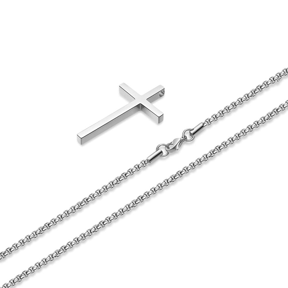 M MOOHAM Cross Necklace for Men - Silver Stainless Steel Mens Cross Chain Cross Pendant Cross Necklace 20 Inch, Christian Gifts for Men Catholic