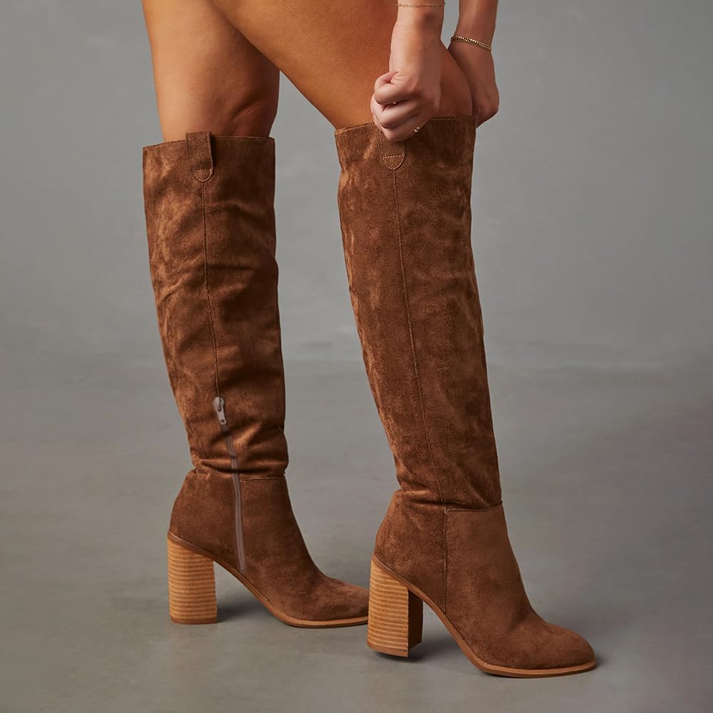 Erocalli Brown Knee-High Boots Suede Boots Fall Boot For Women Chunky Block High Heel Slouchy Boot Round Toe Side Zipper