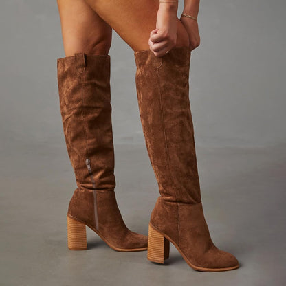 Erocalli Brown Knee-High Boots Suede Boots Fall Boot For Women Chunky Block High Heel Slouchy Boot Round Toe Side Zipper