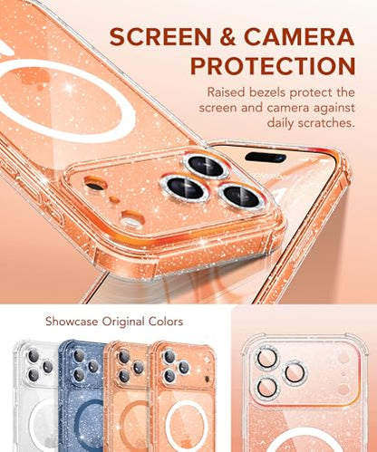 BERFY for iPhone 17 Pro Max Case for Women, Compatible with MagSafe, Clear Glitter Shockproof Protective Case, Anti-Yellowing, with Screen Protector & 3 Diamond Camera Lens Covers 6.9", Sparkle Clear