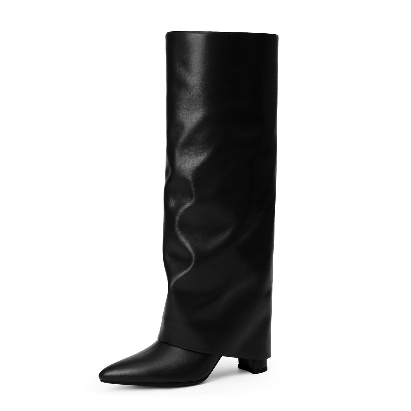 Modatope Women's Black Tall Boots, Fold Over Knee High, Block Heel, Size 7