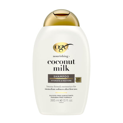 OGX Nourishing + Coconut Milk Moisturizing Shampoo, Hydrating & Restoring Shampoo Moisturizes for Soft Hair After the First Use, Paraben-Free, Sulfate-Free Surfactants, 13 fl. oz
