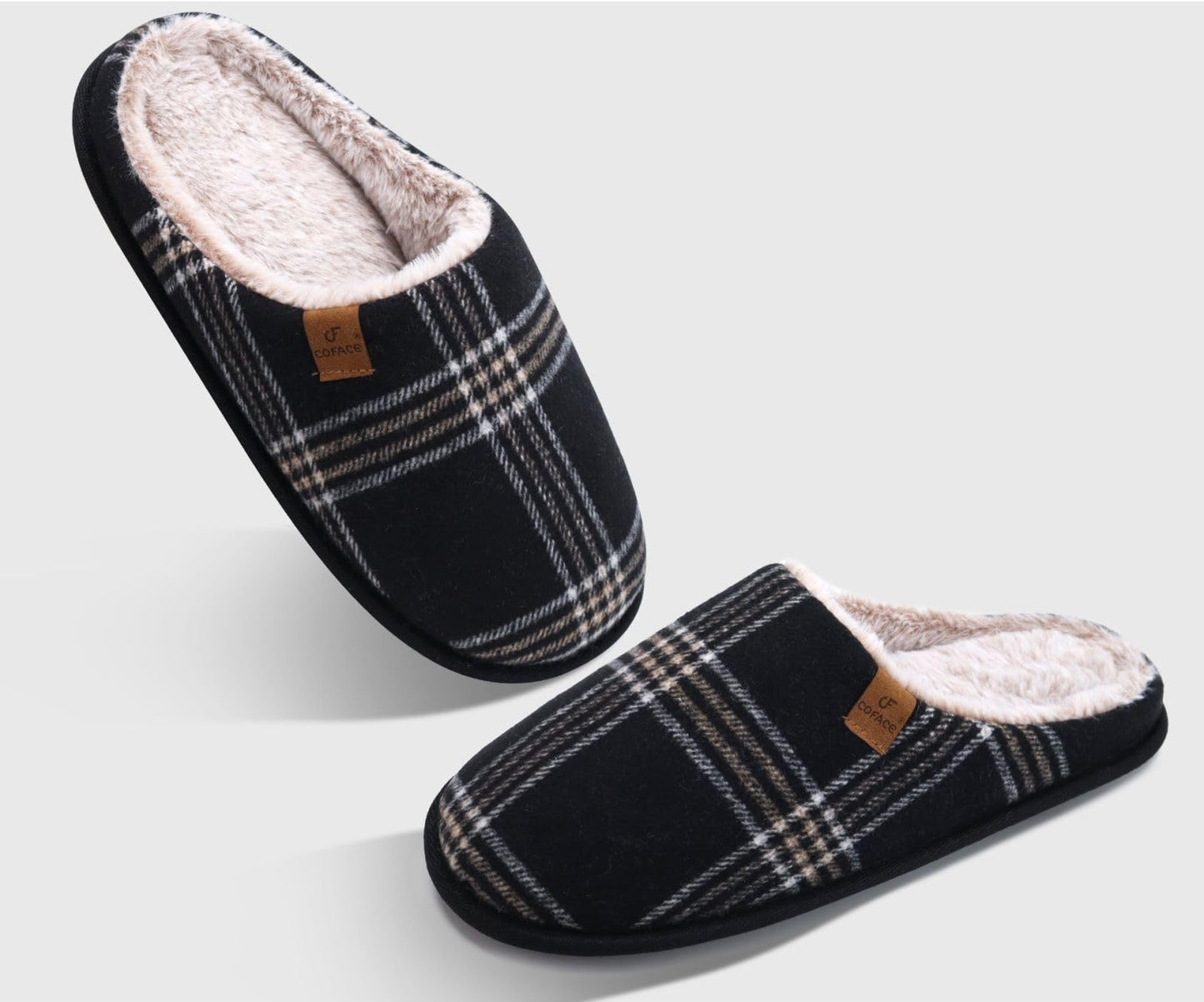 COFACE Mens Black Flano Plaid Cozy Memory Foam scuff Slippers Slip On Warm House Shoes Indoor/Outdoor With Best Arch Support Size 11