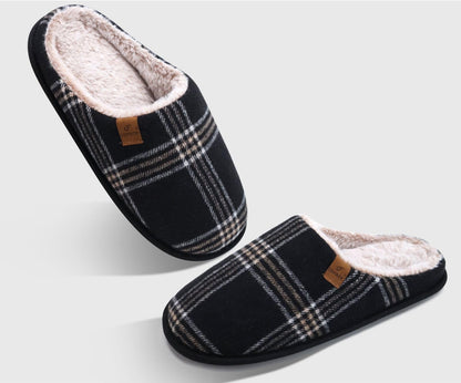 COFACE Mens Black Flano Plaid Cozy Memory Foam scuff Slippers Slip On Warm House Shoes Indoor/Outdoor With Best Arch Support Size 11