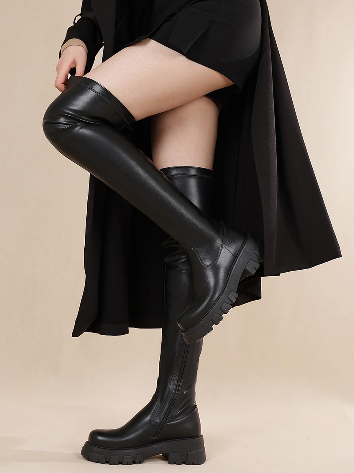 CouieCuies Black Thigh High Boots For Women Platform Over The Knee High Boots Lug Sole Comfortable Stretch Boots Low Heels Black 9