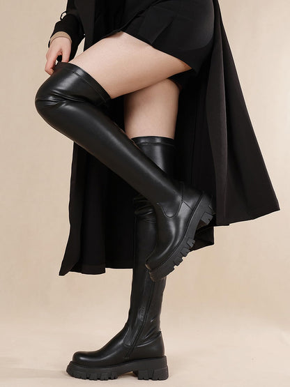 CouieCuies Black Thigh High Boots For Women Platform Over The Knee High Boots Lug Sole Comfortable Stretch Boots Low Heels Black 9