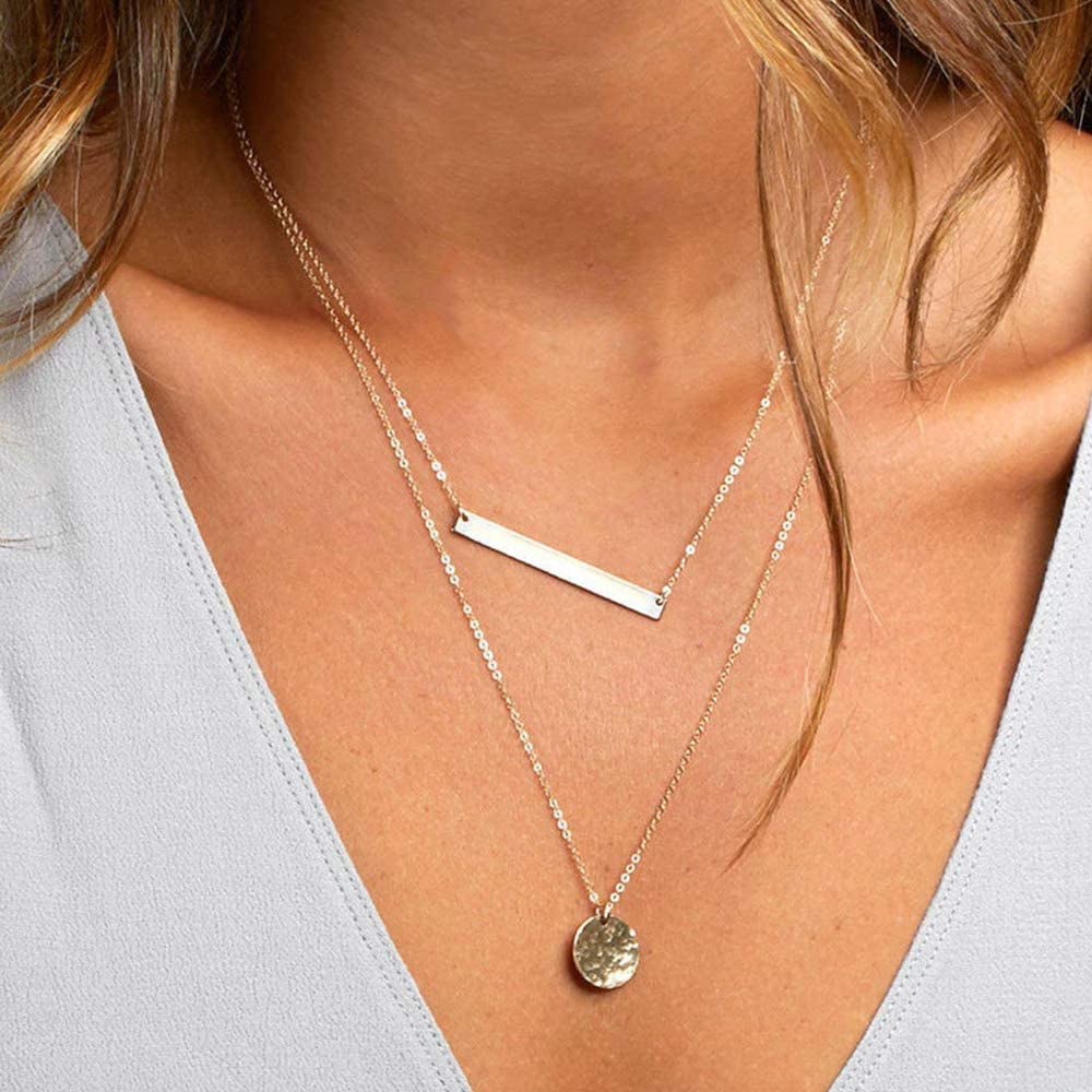 Dainty Layering Simulated Pearls Bar Necklace Hammered Disc Pendant Necklaces Simple Layering Necklace Choker for Women