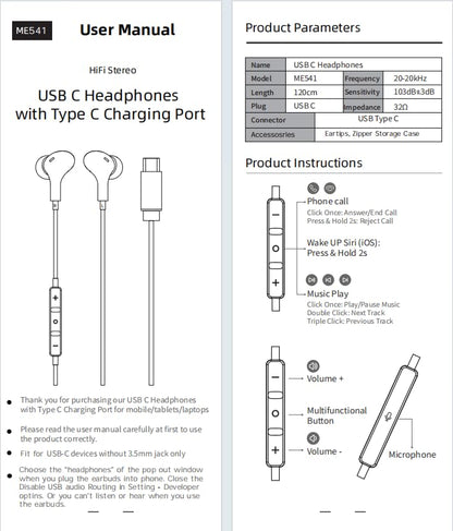 USB C Headphone for Samsung S25 FE S24 A16 A17 Wired Earbuds Magnetic in-Ear Type C Earphone with Microphone Volume Control Bass Stereo Noise Canceling for iPhone 17 Pro Max Air 16 16e 15 Pixel 10 9a