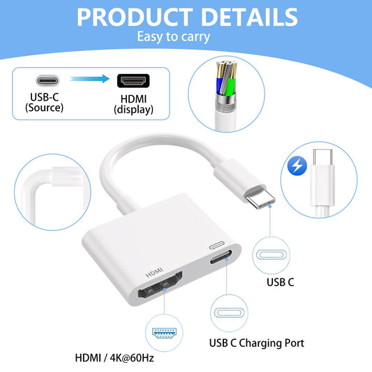 Kinhaly USB C to HDMI for TV, 4K@60Hz Type C to HDMI Adapter with Charging Port, iPhone to Hdmi to USB C Adapter Compatible for iPhone 16/15 Series/iPad Pro/Galaxy/MacBook Pro to HDTV Projector