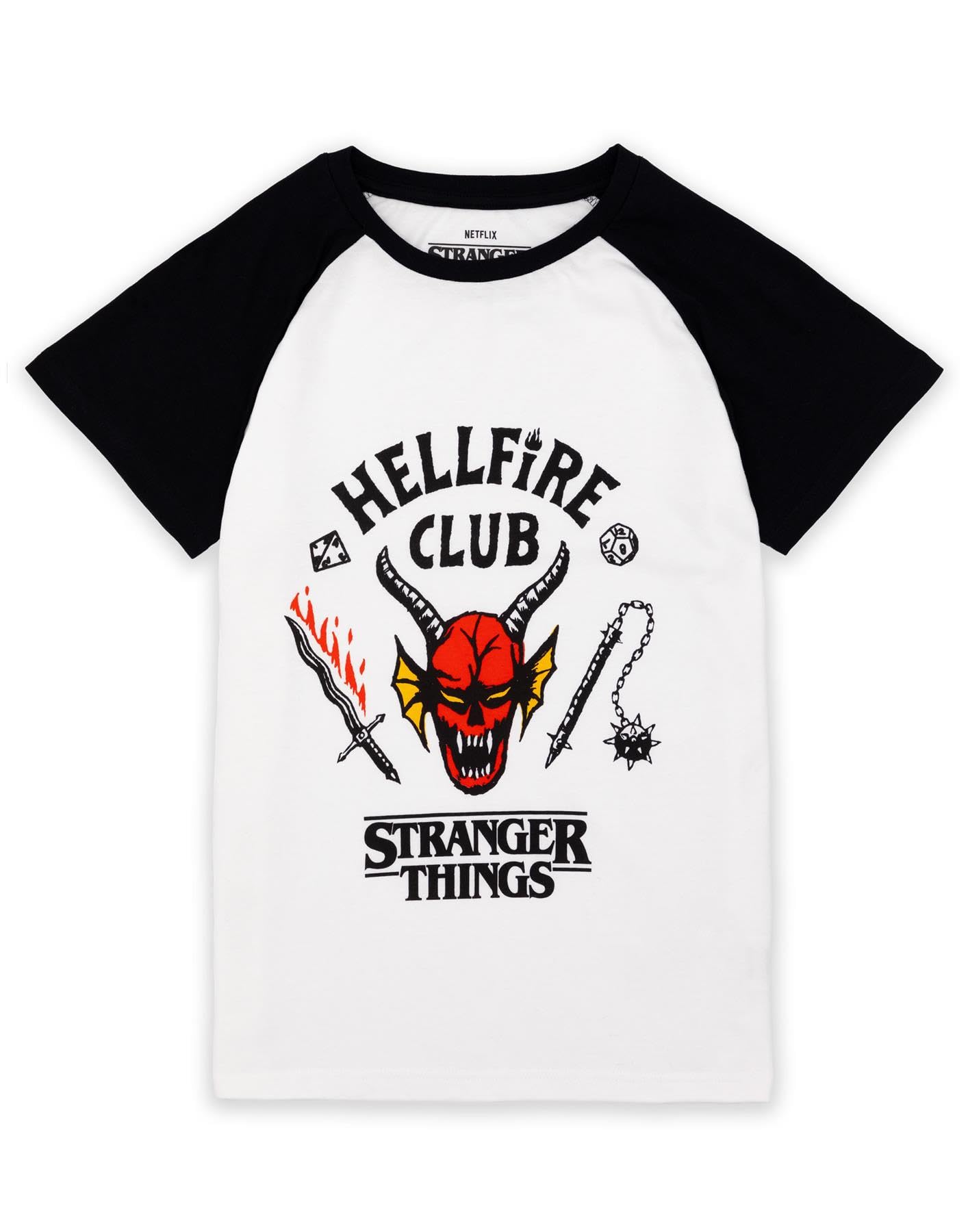 Stranger Things Hellfire Club Raglan Kids T-Shirt | Boys Girls Hawkins Society Eddie Black & White Outfit | Season 4 Merch