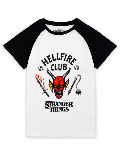 Stranger Things Hellfire Club Raglan Kids T-Shirt | Boys Girls Hawkins Society Eddie Black & White Outfit | Season 4 Merch