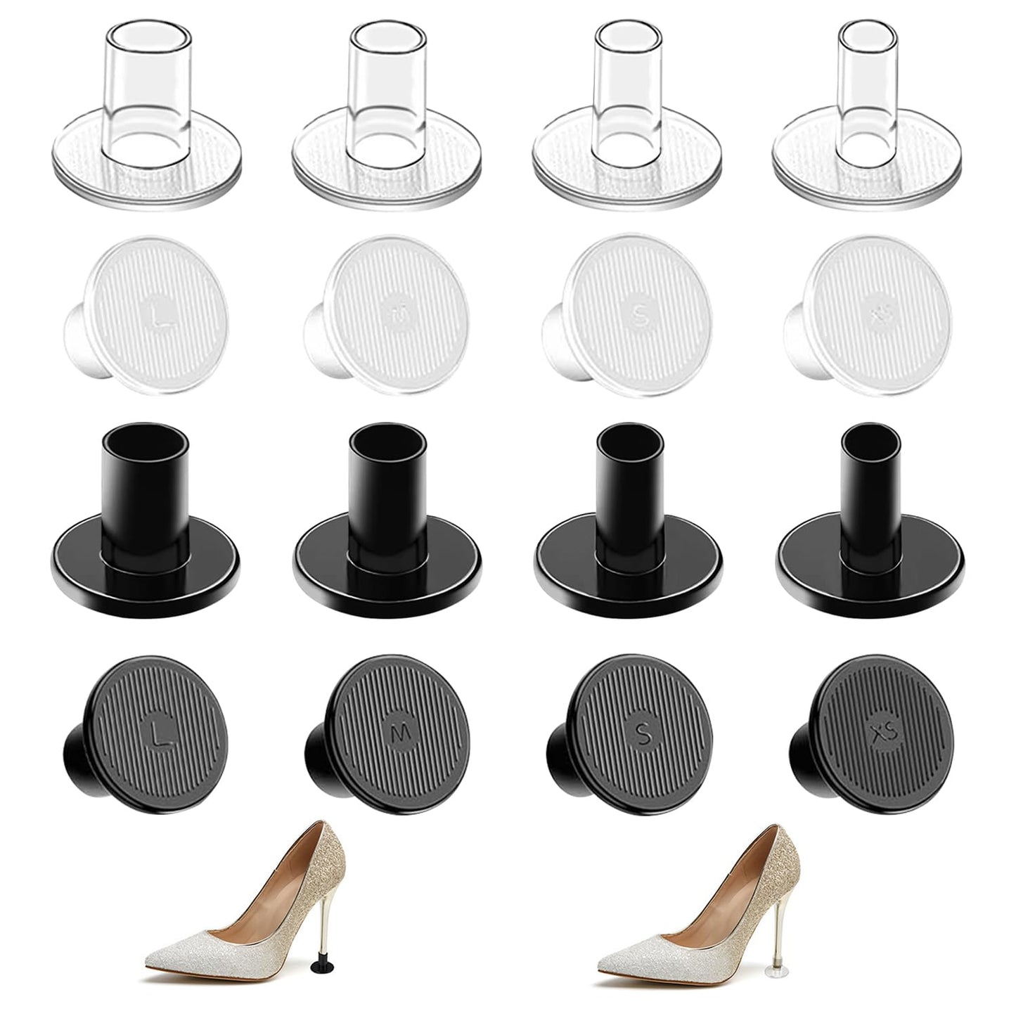High Heel Protectors, 8 Pairs Heel Stoppers & Heel Repair Caps - 4 Sizes Shoe Heel Cover for Women Perfect for Weddings, Grass, Gravel, Wetlands(XS,S,M,L), Black, 8 Pair (Pack of 1)