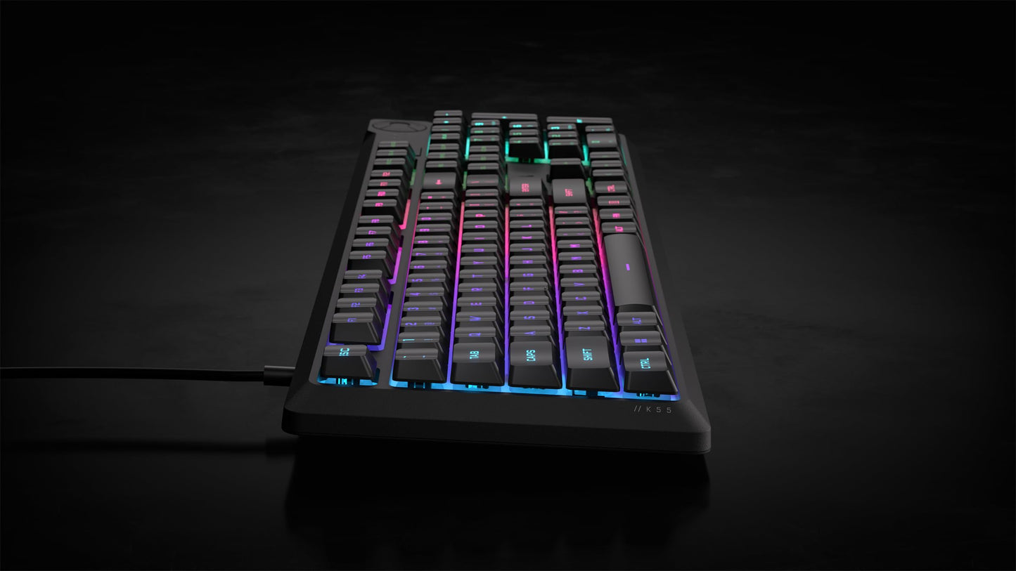 Corsair K55 CORE RGB Membrane Wired Gaming Keyboard – Quiet, Responsive Switches – Spill Resistance – Ten-Zone RGB – Media Keys – iCUE Compatible – QWERTY NA – PC, Mac – Black