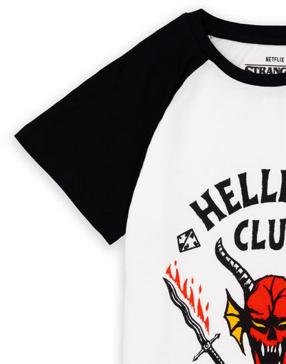 Stranger Things Hellfire Club Raglan Kids T-Shirt | Boys Girls Hawkins Society Eddie Black & White Outfit | Season 4 Merch