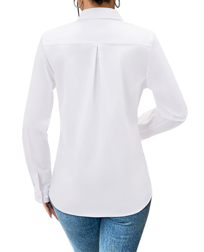 siliteelon Button Down Shirts for Women Dress Shirt Cotton Long Sleeve Collared Shirt Business Work Office Blouse Top White
