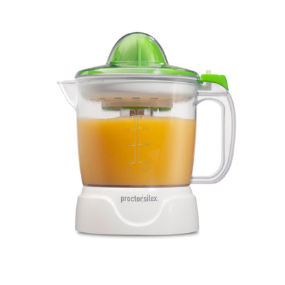 Proctor Silex Electric Citrus Juicer Machine, Large 34 oz. Pitcher, Pressure Activated, 2 Reamers for Big and Small Fruit, Pulp Control, for Orange, Lemon, Grapefruit Juice, White & Green (66340)