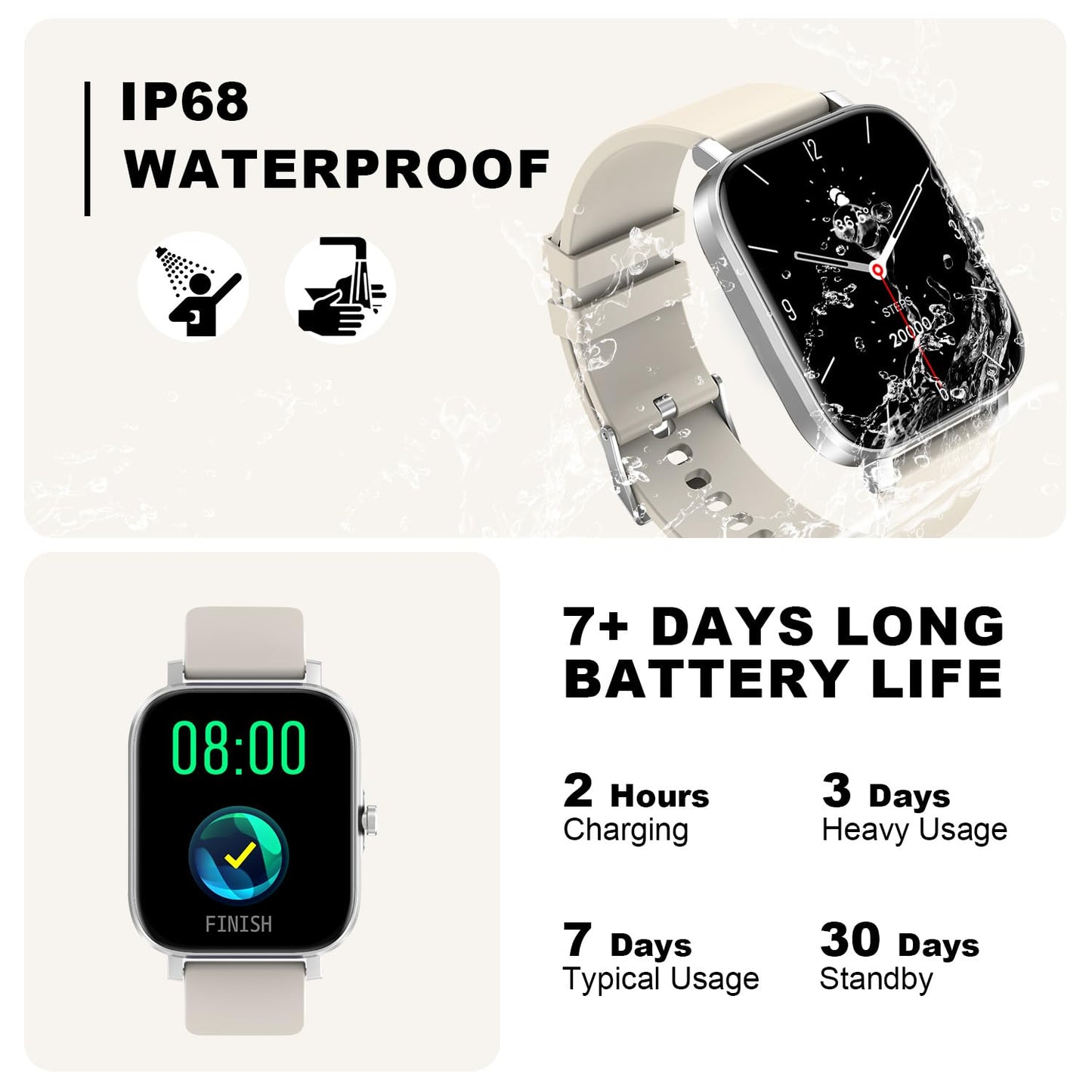 Smart Watch for Men Women Compatible with iPhone Samsung Android Phone 1.69 inch Full Touch Screen IP68 Waterproof Bluetooh Fitness Tracker Heart Rate/Sleep Monitor (Starlight)