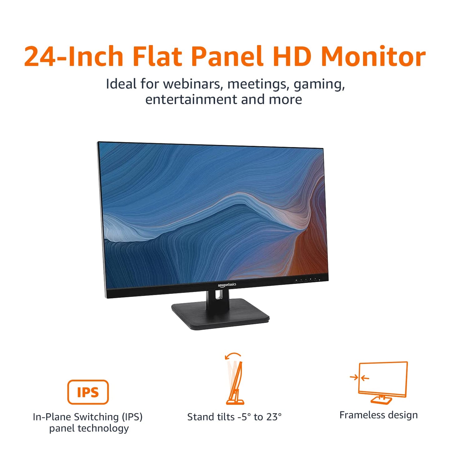 Amazon Basics 24-inch IPS Monitor 75 Hz Powered with AOC Technology FHD 1080P HDMI, Display Port and VGA Input VESA Compatible Built-in Speakers for Office and Home, Black