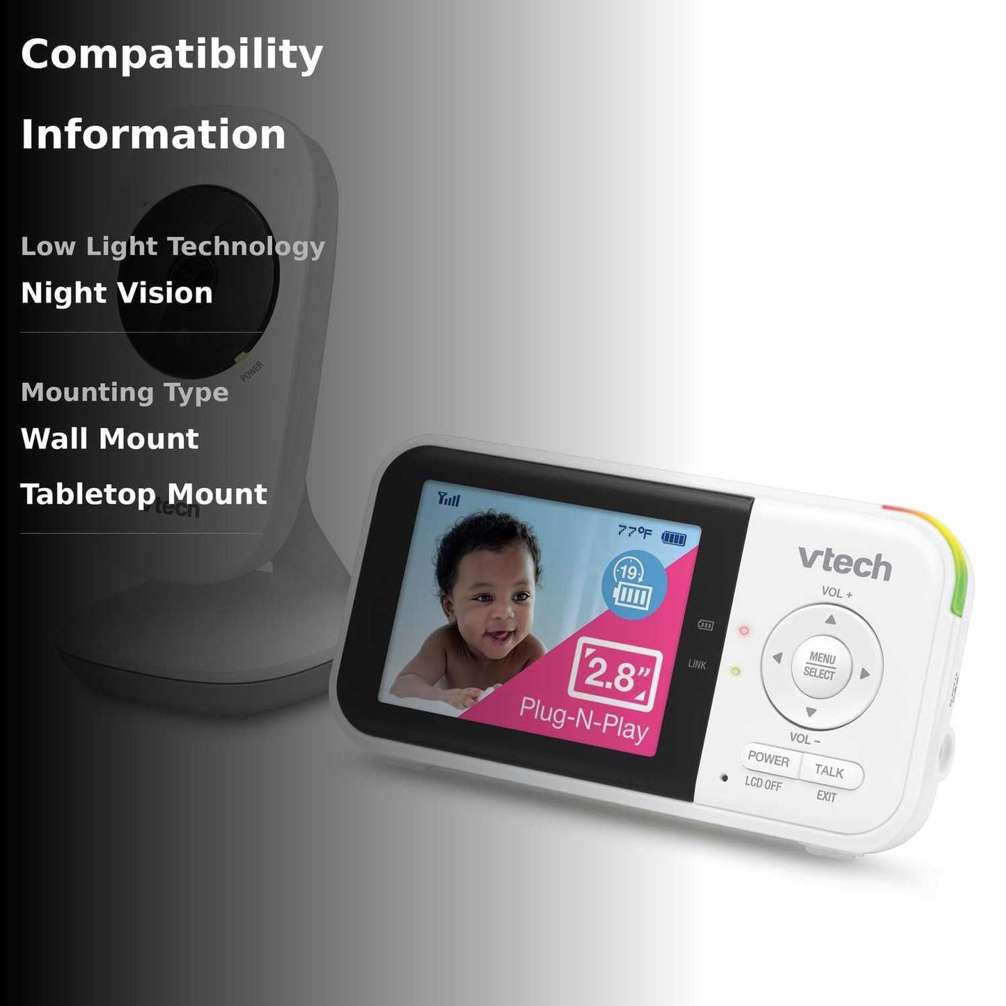 VTech VM819 Baby Monitor with Camera and Audio, 2.8” Screen Portable Baby Camera, Night Vision, 2-Way Audio, Temperature Sensor and Lullabies, Secure Transmission No WiFi, Ideal for Baby/Elderly/Pet