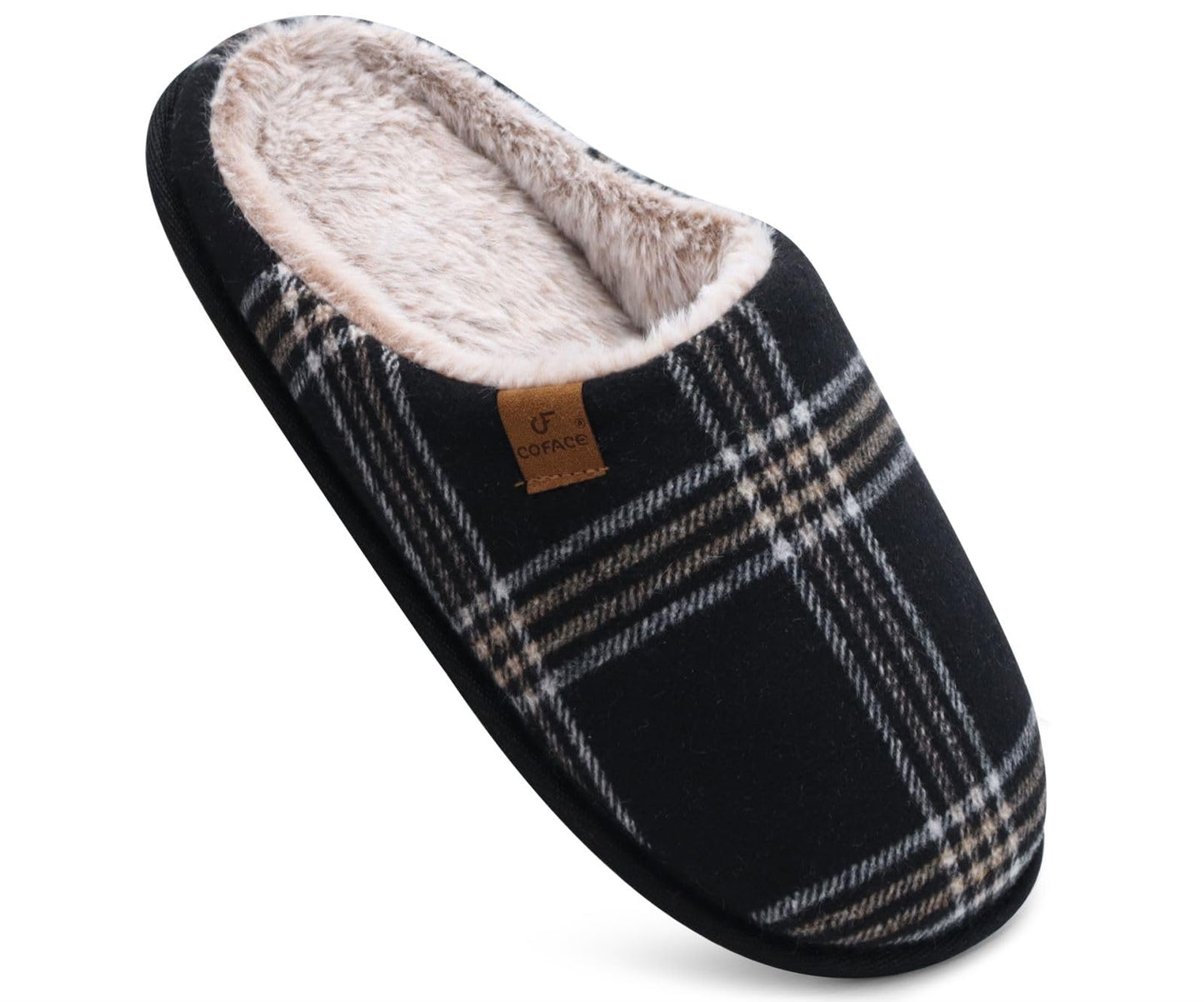 COFACE Mens Black Flano Plaid Cozy Memory Foam scuff Slippers Slip On Warm House Shoes Indoor/Outdoor With Best Arch Support Size 11