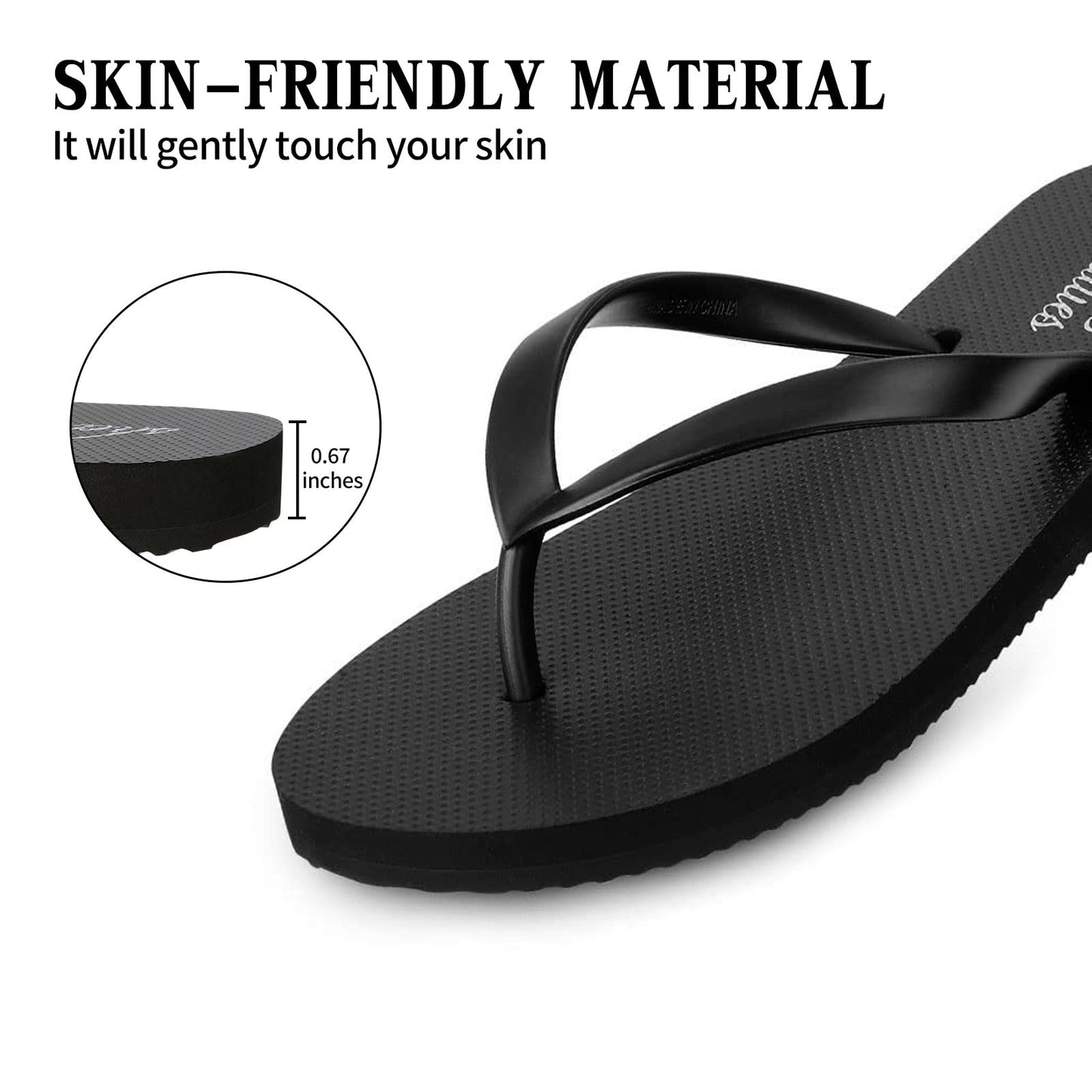 shevalues Slim Flip Flops for Women Beach Rubber Shower Shoes Basic Thong Sandals, Black, 39, (Size 8-8.5)