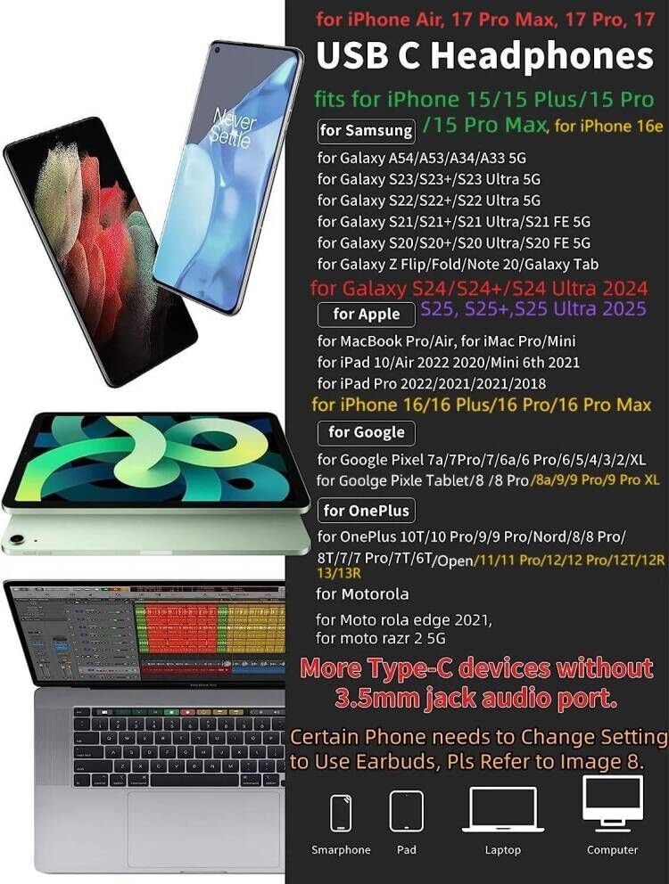 USB C Headphone for Samsung S25 FE S24 A16 A17 Wired Earbuds Magnetic in-Ear Type C Earphone with Microphone Volume Control Bass Stereo Noise Canceling for iPhone 17 Pro Max Air 16 16e 15 Pixel 10 9a