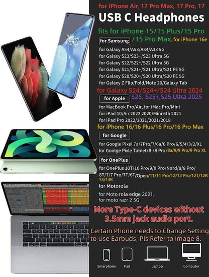 USB C Headphone for Samsung S25 FE S24 A16 A17 Wired Earbuds Magnetic in-Ear Type C Earphone with Microphone Volume Control Bass Stereo Noise Canceling for iPhone 17 Pro Max Air 16 16e 15 Pixel 10 9a