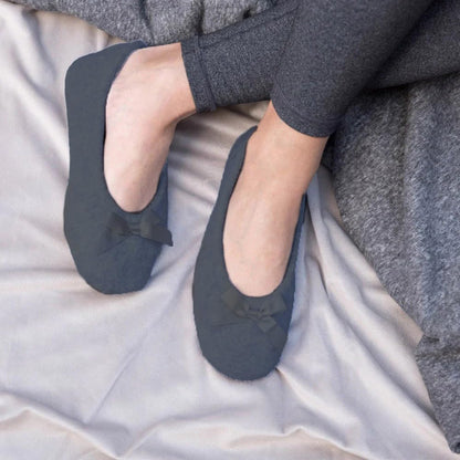 isotoner Women's 2 Pack Microterry Ballerina Slippers with Satin Bow, Suede Sole, and Terry Lining , Periwinkle Quilted/Ash Solid, 8-9