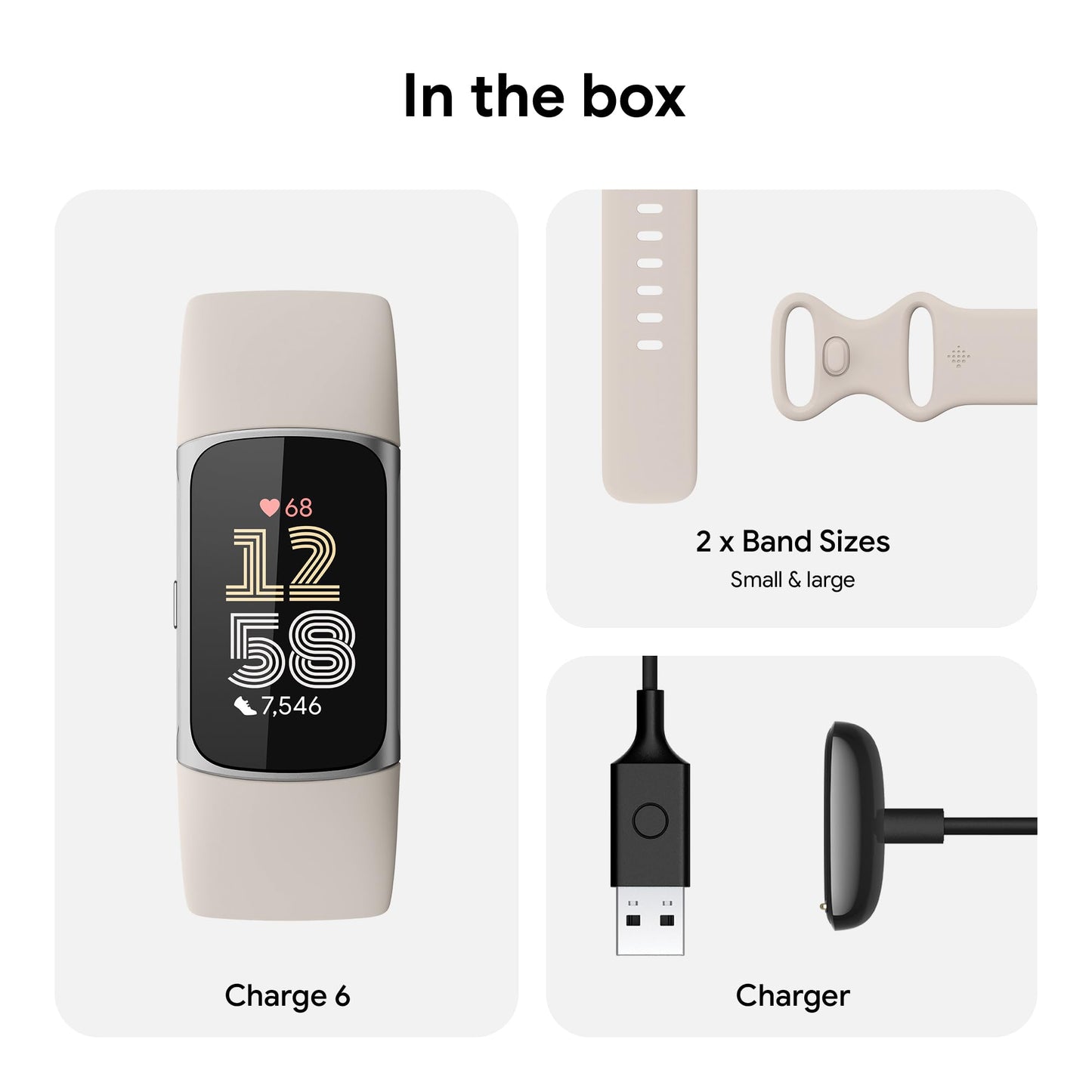 Fitbit Charge 6 Fitness Tracker with Google apps, Heart Rate on Exercise Equipment, 6-Months Premium Membership Included, GPS, Health Tools and More, Porcelain/Silver, One Size (S & L Bands Included)