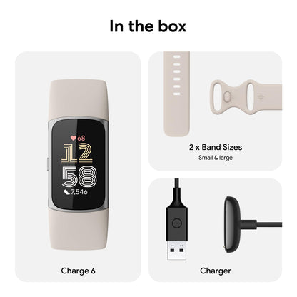 Fitbit Charge 6 Fitness Tracker with Google apps, Heart Rate on Exercise Equipment, 6-Months Premium Membership Included, GPS, Health Tools and More, Porcelain/Silver, One Size (S & L Bands Included)
