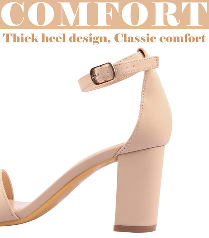 Ankis Nude Heels for Women - Open Toe Ankle Strap Chunky Heel Pump Sandals Party Wedding Strappy Buckle Sandals 2.75 Inches