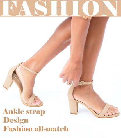 Ankis Nude Heels for Women - Open Toe Ankle Strap Chunky Heel Pump Sandals Party Wedding Strappy Buckle Sandals 2.75 Inches