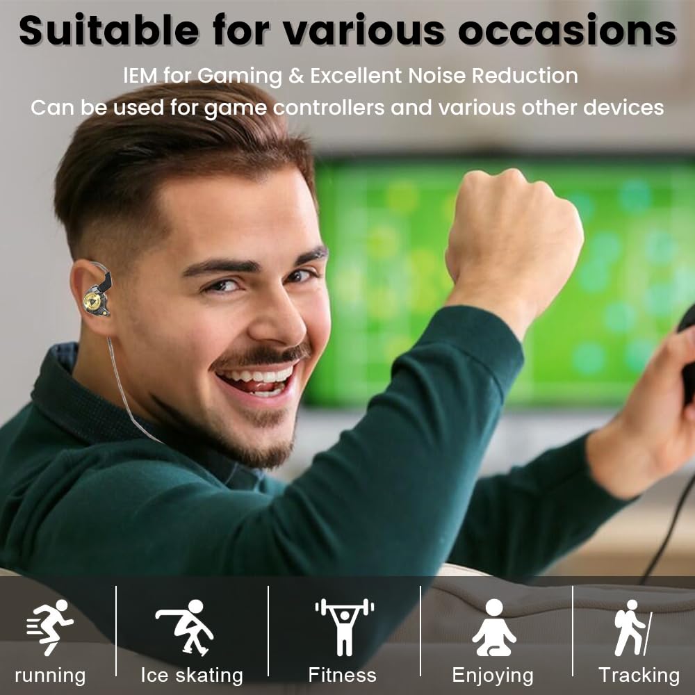 Yeabomy Wired Gaming Earbuds, Ak3file in Ear Monitors, Deep Bass Sound Wired Earbuds, HiFi in Ear Headphones with 1DD 10mm Dynamic Driver, IEM for Music Gaming Video Calling (Black)