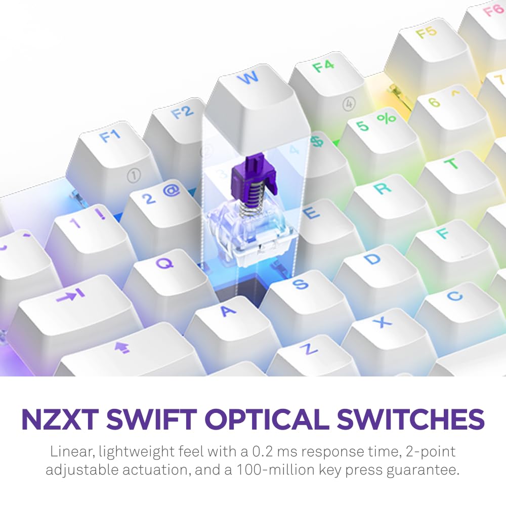 NZXT Function 2 Full-Size Wired Optical Gaming Keyboard - 8K Polling Rate - Linear Optical Switches - Adjustable Actuation - Double-Shot PBT Keycaps - RGB - Hot-Swappable - White