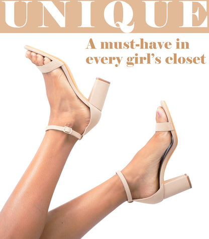 Ankis Nude Heels for Women - Open Toe Ankle Strap Chunky Heel Pump Sandals Party Wedding Strappy Buckle Sandals 2.75 Inches